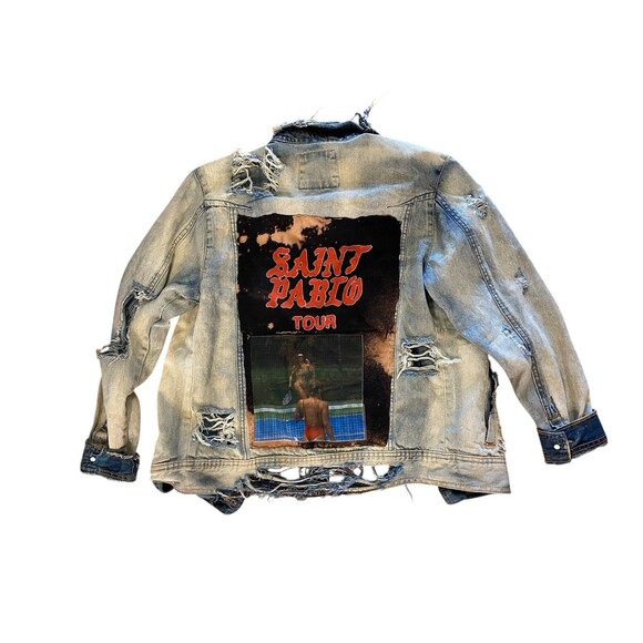 Upcycled Saint Pablo Patch Denim Jacket OOAK Distressed Bleached Street Grunge - Picture 11 of 16